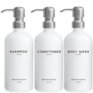 White Shampoo and Conditioner Dispenser Set by Brighter Barns - Shower Dispenser for Bathroom - Refillable Plastic Shampoo Bottle & Stainless Steel Pump - Shampoo Dispenser for Vacation Rental (White)