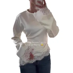 European and American women's clothing cross-border wind 2026 new round neck solid color long-sleeved irregular hem lace bottoming shirt T-shirt women