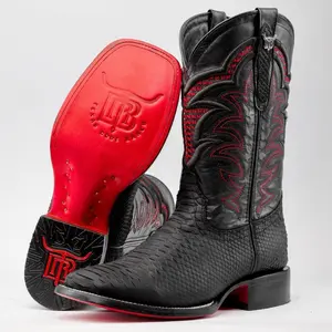 Matte Black Python PRINT Leather Boots - Square Toe