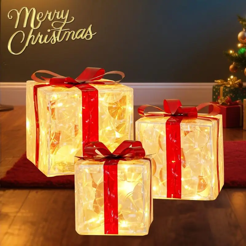 3-Pack LED Christmas Present Box Decorations, DIY Assembly Required, Large Medium Small Boxes with One Long Connected Light String(No battery included）