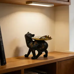 1 Pc Cute Black Cat Shaped Storage Tray Figurine.Luxury Retro New Chinese Black & Gold Style.Golden Storage Tray on Back, Decorative & Practical (Holds Keys, Jewelry, Small Items).For Cat/Animal/Home Decor Lovers | Ideal for Home Decor & Holiday Gifts