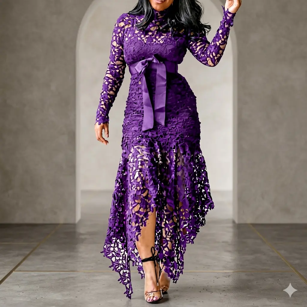 Women's Purple Lace Formal Dress, Elegant High Neck Long Sleeve Gown with Waist Tie and Irregular Hem for Wedding Guest & Party Events
