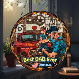 Personalized Mechanic Dad Sun Catcher, Stained Glass Style Acrylic Sign