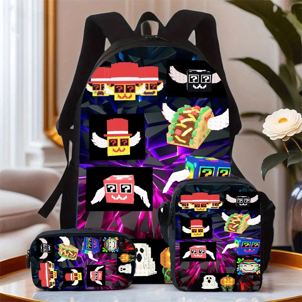 Kids' 3-in-1 Backpack Set Pack, Water-Resistant Full Print Gaming Pixel Adventure-Themed Children's Bag with Lunch Box, Back to School Haul Luggage & Functional Accessory