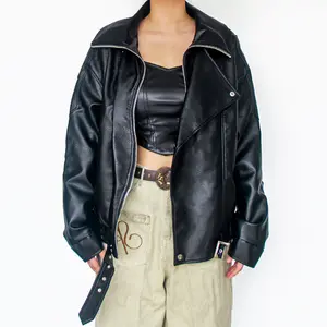 Belted Faux Leather Moto Jacket - Black Zip Up Biker Coat Y2K