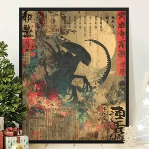 Alien Xenomorph Unframed Poster - Japanese Horror Style Sci-Fi Art Print - Minimalist Xenomorph Silhouette Illustration - Dark Aesthetic Movie Wall Decor