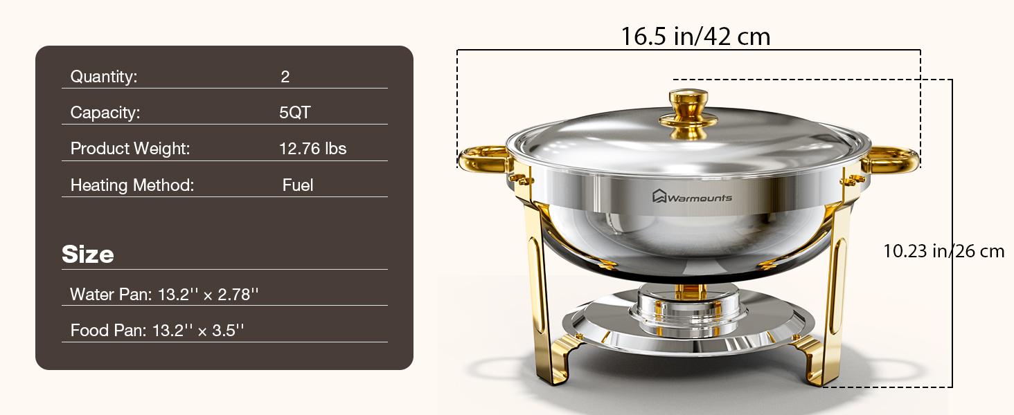 WARMOUNTS 5QT Gold Chafing Dishes for Buffet with Glass Lid/Stainless steel lid, Round Chafers and Buffet Warmers Set with Mirror-Polished Stainless Steel, Rolled Rim, Stackable, Lid Holder for Parties, Weddings（2/4/6 Pack）