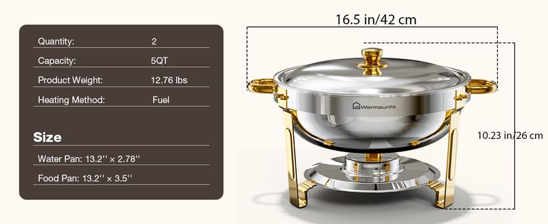 WARMOUNTS 5QT Gold Chafing Dishes for Buffet with Glass Lid/Stainless steel lid, Round Chafers and Buffet Warmers Set with Mirror-Polished Stainless Steel, Rolled Rim, Stackable, Lid Holder for Parties, Weddings（2/4/6 Pack）
