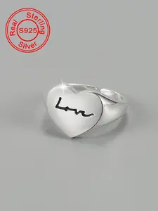 925 Sterling Silver Heart Shaped Wave Letter Design Ring, Fashion Jewelry for Party, Daily Clothing Decor, Trendy All-match & Exquisite Jewelry for Birthday Gift