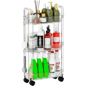 3 Tier Slim Rolling Storage Cart with Wheels for Small Space,Clear Modern Design Slim Utility Cart Suitable as Bathroom Cart Organizer Shelf,Skinny Bathroom Storage Rack,Narrow Laundry Cart on Wheels