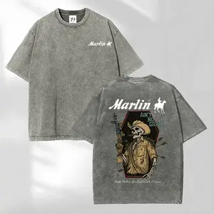 Vintage Marlin Cowboy T-Shirt Skeleton Gunman with Rifle and Arrows Retro Washed Cotton Shirt for Western Fans graphic tees quarter zip men lemon demon logo print truck fit clothes gift gorlock destroyer tshirt