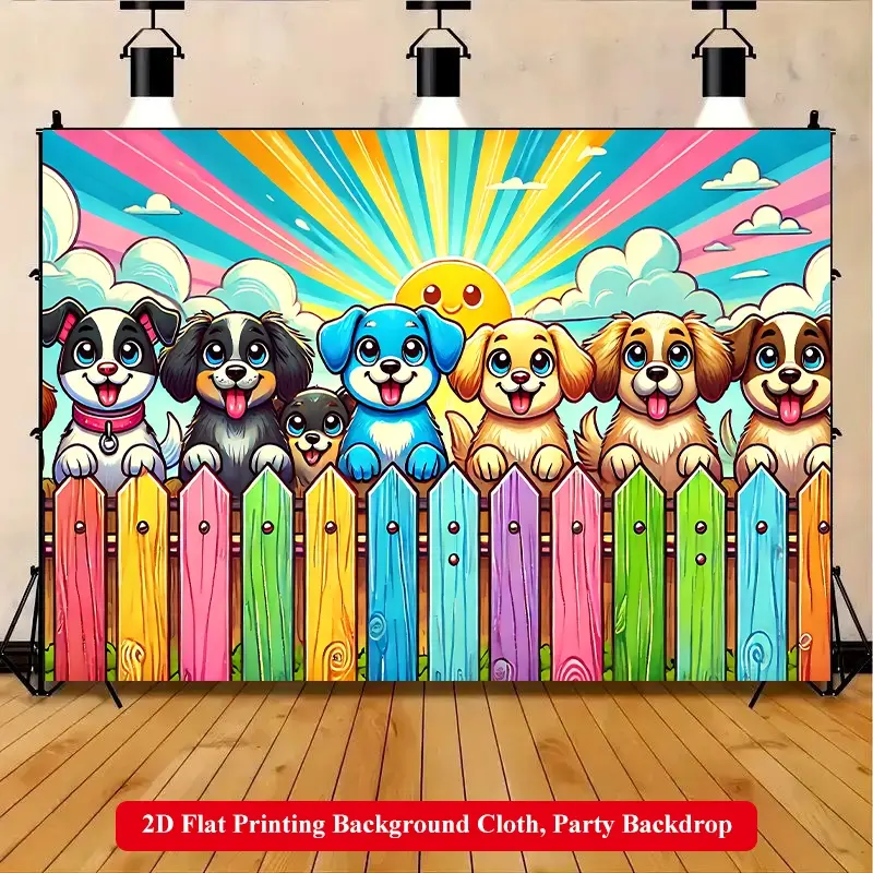 2D Flat Printing Backdrop Banner 1pc, Cute Cartoon Dogs And Fence ...