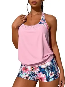 Pink Tropical Floral Print Racerback Tankini Swimsuit, Cross Back Tummy Control Two-Piece Swimwear with Boyshorts for Women Beach Vacation