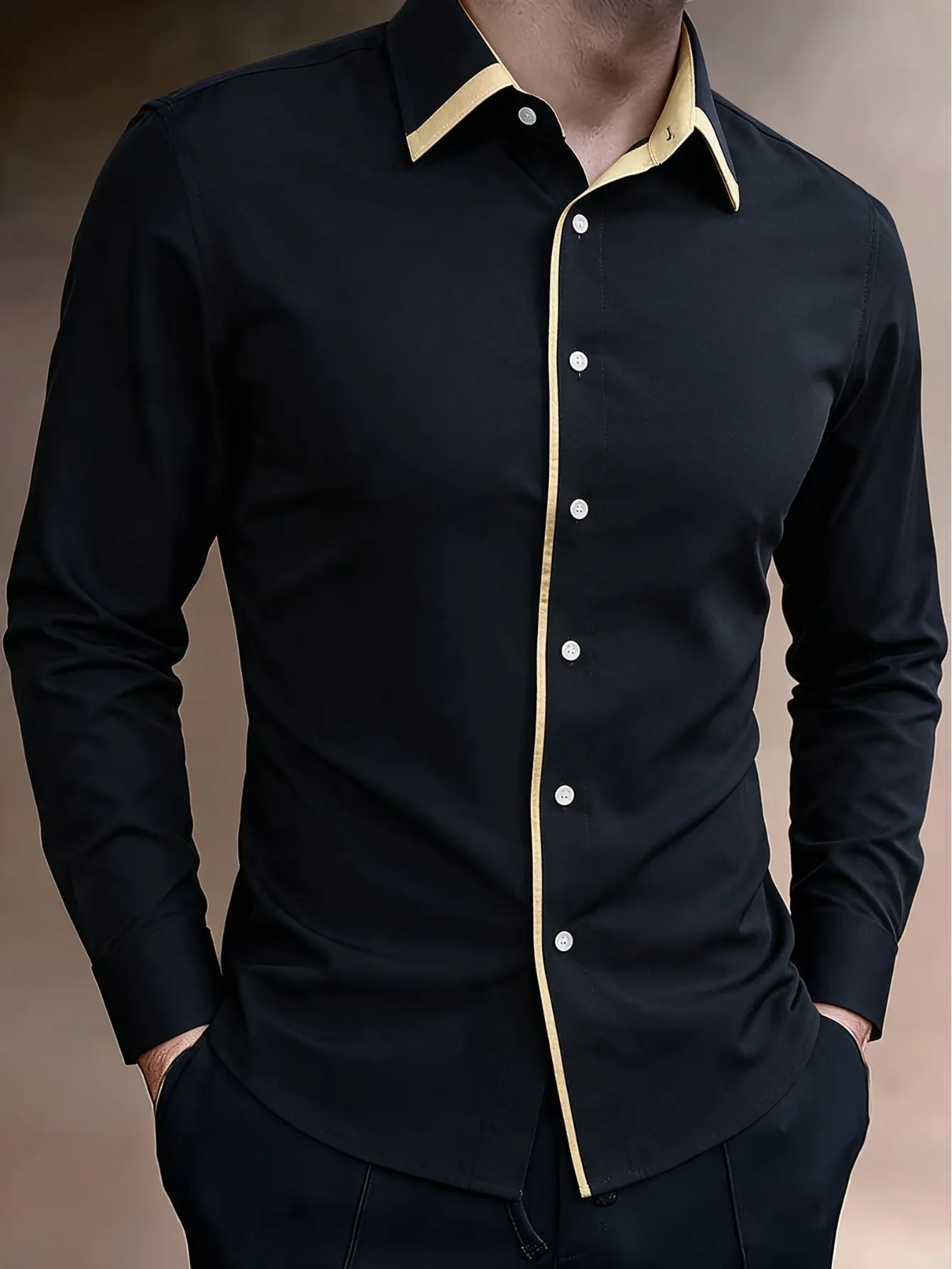 Men's Stylish Long-Sleeve Dress Shirt - Menswear Tops with Contrast Collar, Contrasting Button Placket Trim, Business-Casual Casual Wear