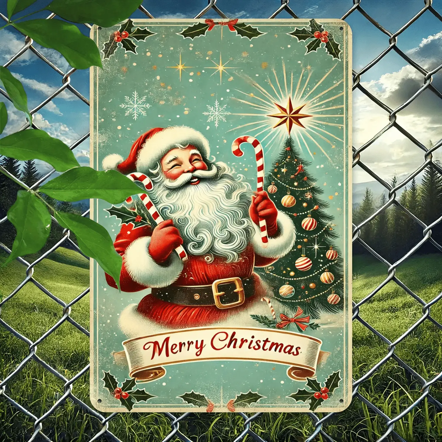 1pc Vintage Santa Claus Steel Tin Sign - Retro 1950s Christmas Wall Decor with Merry Christmas Text, Snowflakes, Holly, Candy Canes - Durable Tinplate Holiday Decor for Home, Kitchen - Easy Hang with Pre-Drilled Holes