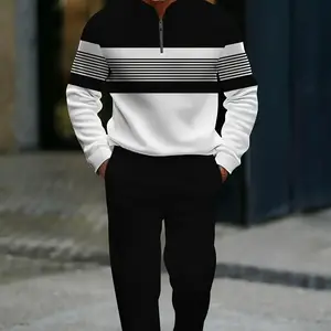 Men's Color Block Half-Zip Tracksuit - Stand Collar Striped Pullover & Pants 2-Piece Set for Casual/Streetwear