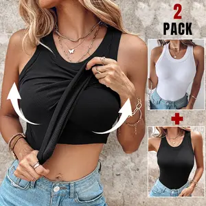 Chicme 2-Piece Ribbed Built-in Bra Tank Top Round Neck Ribbed Tank With Bra Pads Athletic Tank Tops for Women