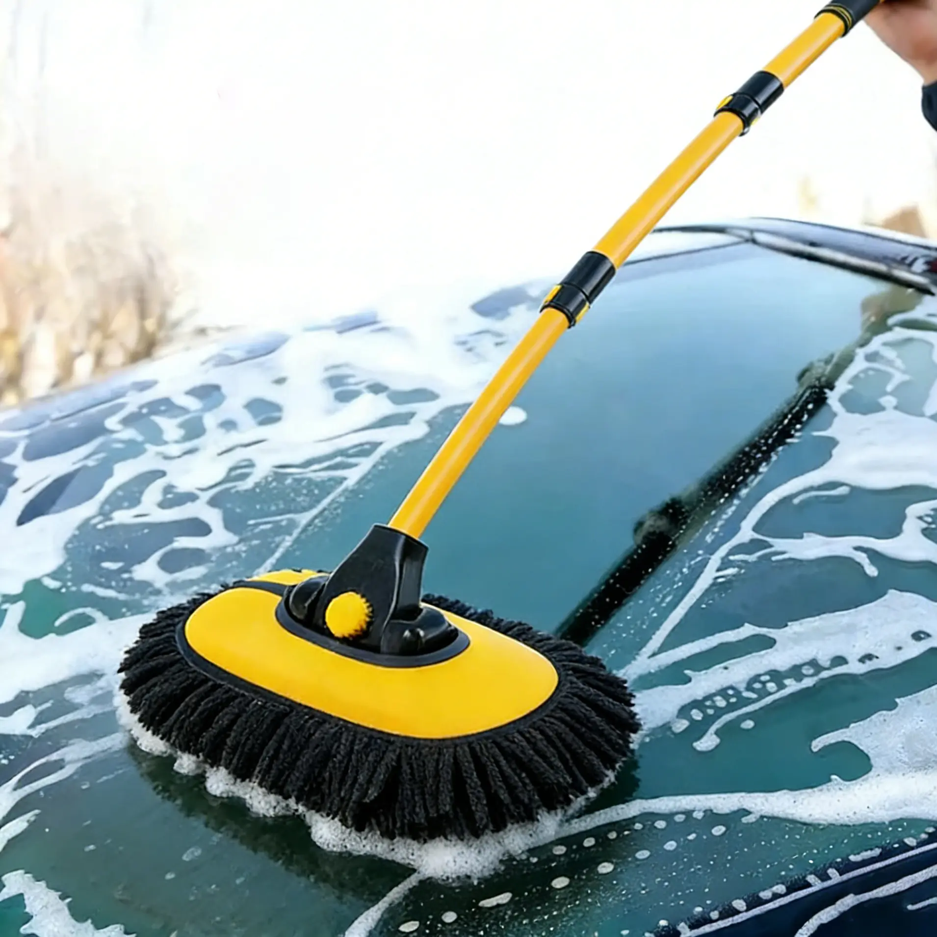 43" Extendable Long-Handled Car Wash Mop - 15° Ergonomic Aluminum Alloy Handle for Waist Protection, Scratch-Free Microfiber Scrub Brush, Flexible Durable Surface Cleaner, Multi-Use for Cars/SUVs & Home Cleaning, One Mop For Cars & Home, 15° Handle