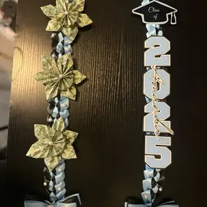 Graduation Lei - 2 Strands Satin Ribbon with 3 Burst Origami Flowers, Customizable Name Display with School Colors, 45” Length