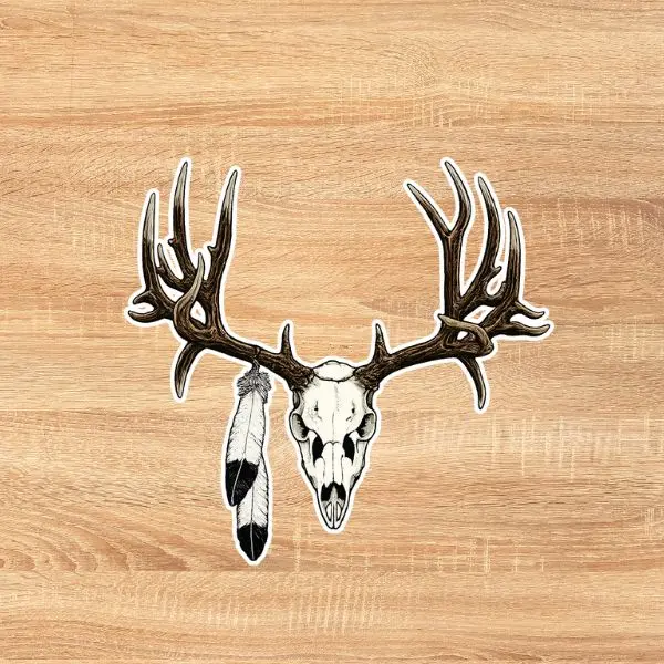 Deer Skull with Eagle Feather Sticker, Rustic Antler Skull Decal, Western Boho Hunting Vinyl Sticker