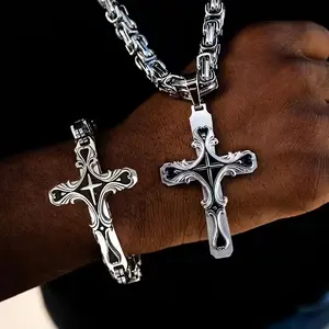 2pcs/ Set Men's Retro Gothic Stainless Steel Cross Necklace and Bracelet, Personality Hip Hop Emperor Chain Stainless Steel Necklace for Men, The Perfect Gift for Men