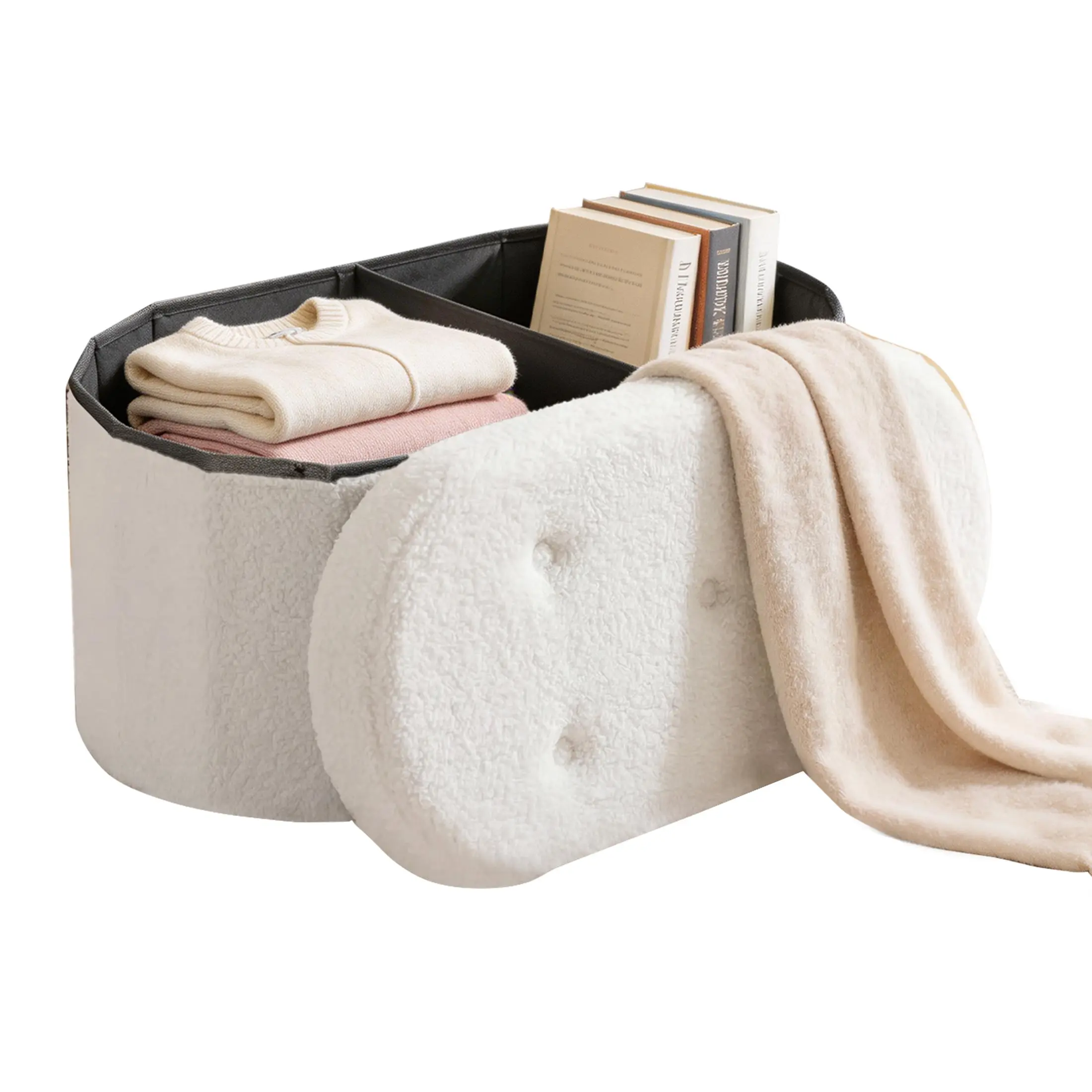 Fluffy Teddy Ottoman Bench with Hidden Storage, Foldable Accent Seat for Bedroom and Living Room