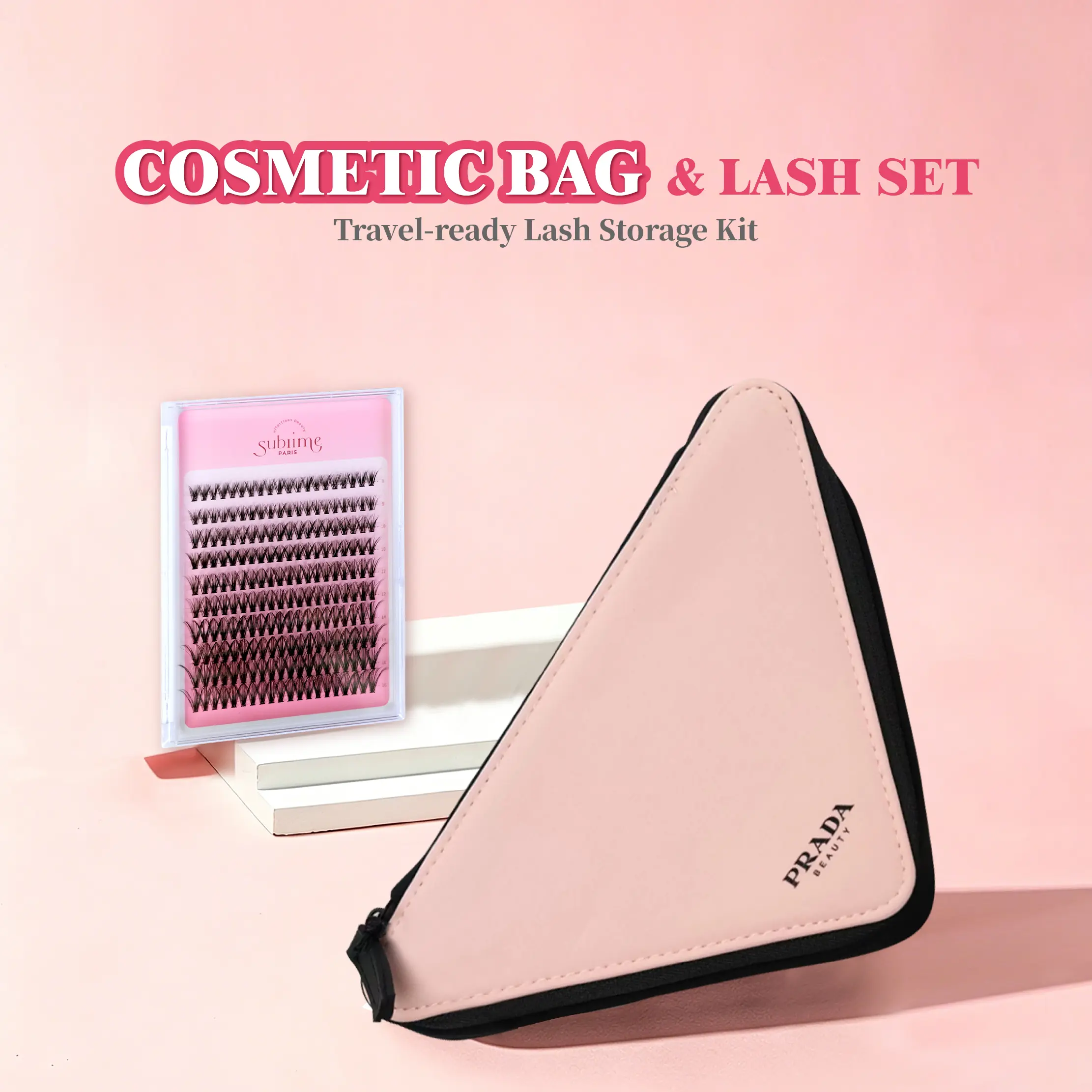 Prada Triangle Pink Toiletry Bag and Makeup BagComes with a free gift&Sublime ParisDense Cluster False Eyelashes (Single Box)