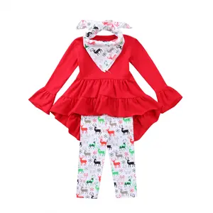 Little Girls Xmas 3PCS Outfit Set Long Sleeve Ruffle Irregular Hem Round Neck Top Dress Long Reindeer Pants Triangle Bib Set