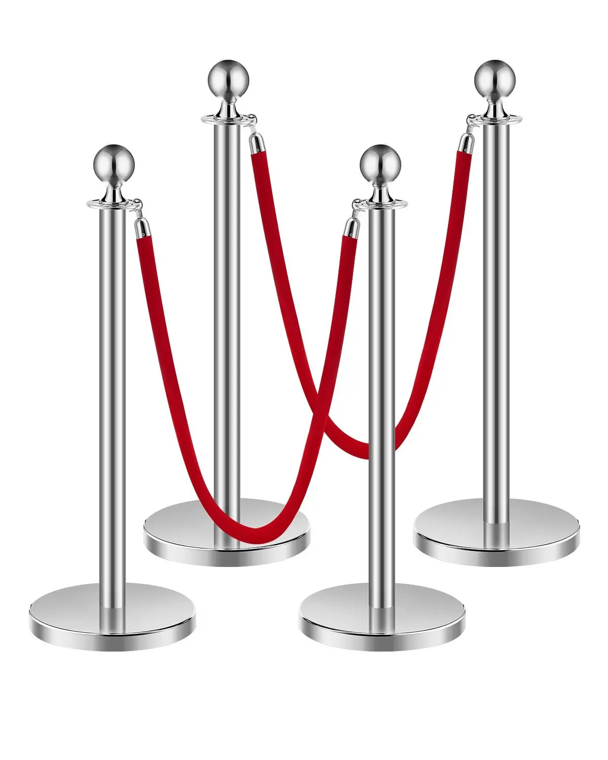 Stanchions And Velvet Ropes Set Of 4 With Hollow Base And Stainless Steel Posts, Includes Two Red Velvet Ropes And Posts, Silver Crowd Control Barriers For Event Traffic, Red Carpet Runner Poles For Party Supplies