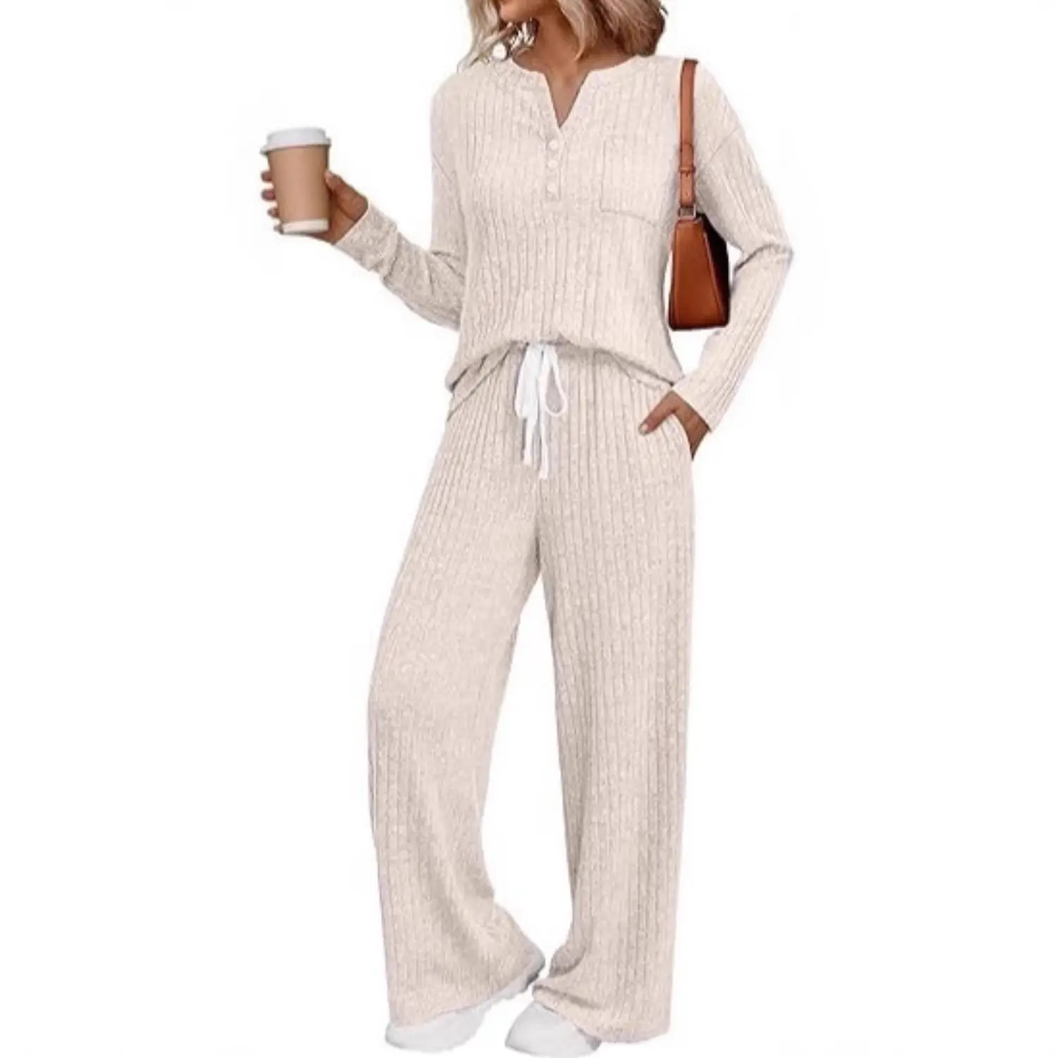 Women's 2-Piece Minimalist Loungewear Set - 2025 Fall Basic Casual Henley Neck Long Sleeve Sweater with Contrast Binding, Matching Pocketed Sweat Suits, Machine Washable Nightwear, 2 Piece Sets