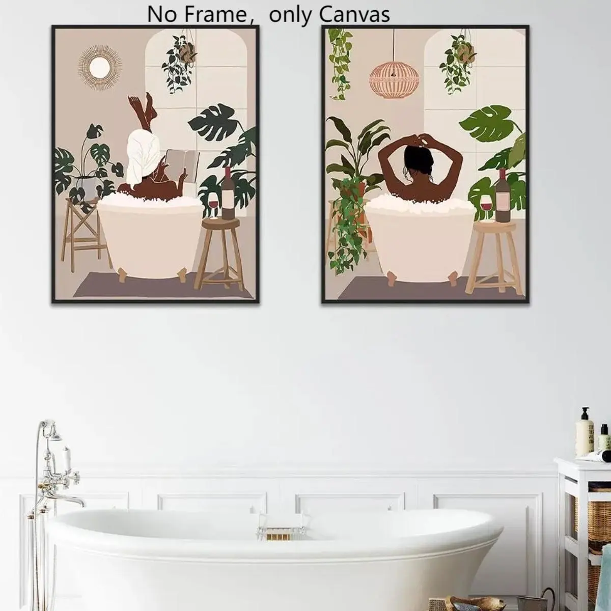 Bathroom Theme Unframed Painting Print, 2 Counts/set Canvas Wall Art, Wall Picture Decor, Aesthetic Wall Decor for Home Living Room Bedroom Study Room, Modern Home Decoration