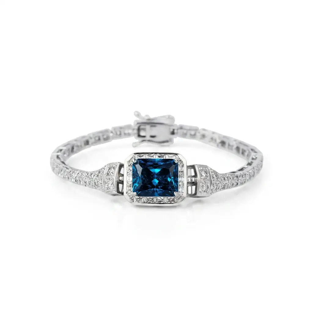 Vintage Art Deco Blue Cubic Zirconia Halo Bracelet, 925 Sterling Silver Statement Jewelry