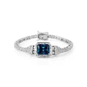 Vintage Art Deco Blue Cubic Zirconia Halo Bracelet, 925 Sterling Silver Statement Jewelry