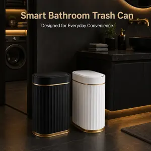 Automatic Motion Sensor Trash Can, Slim Touchless Bathroom Garbage Bin with Lid, White Gold Wastebasket for Kitchen, Office and Bedroom