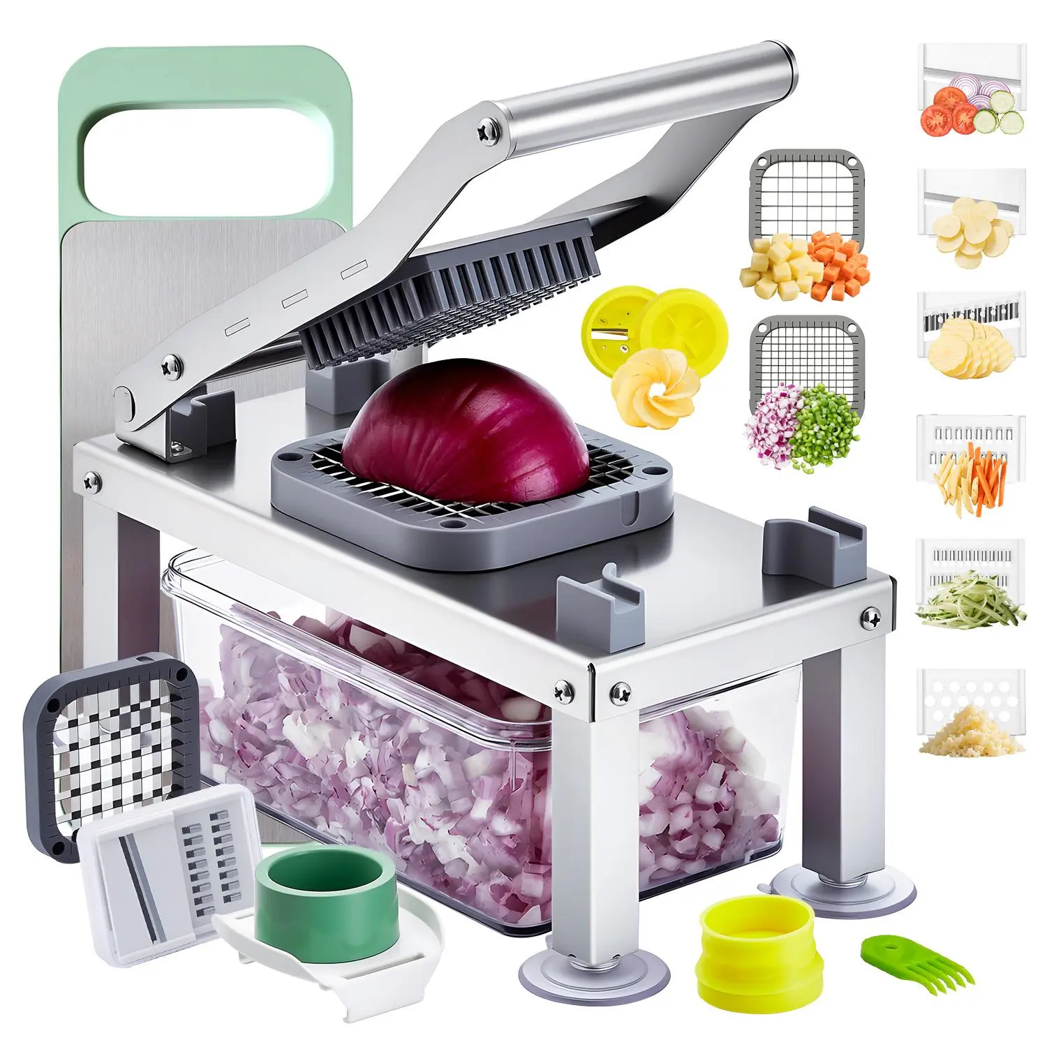 VEVOR All-in-1 Food Prep Chopper - 9 Stainless Steel Blades, Fruit Vegetable Slicer, Wavy Slicer, Cheese Grater, Onion Potato Dicer, Salad Spiralizer, Food Processor with Container, Multiple Tools Kitchen Utensil Essential, Chopping, Vegetable Cutting Sli