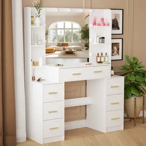 Modern 7-Drawers Vanity Table Set Makeup Desk Dressing Table With Lighted Hollywood Mirror 3 Modes LED Vanity Desk White for Bedroom Furniture Storage