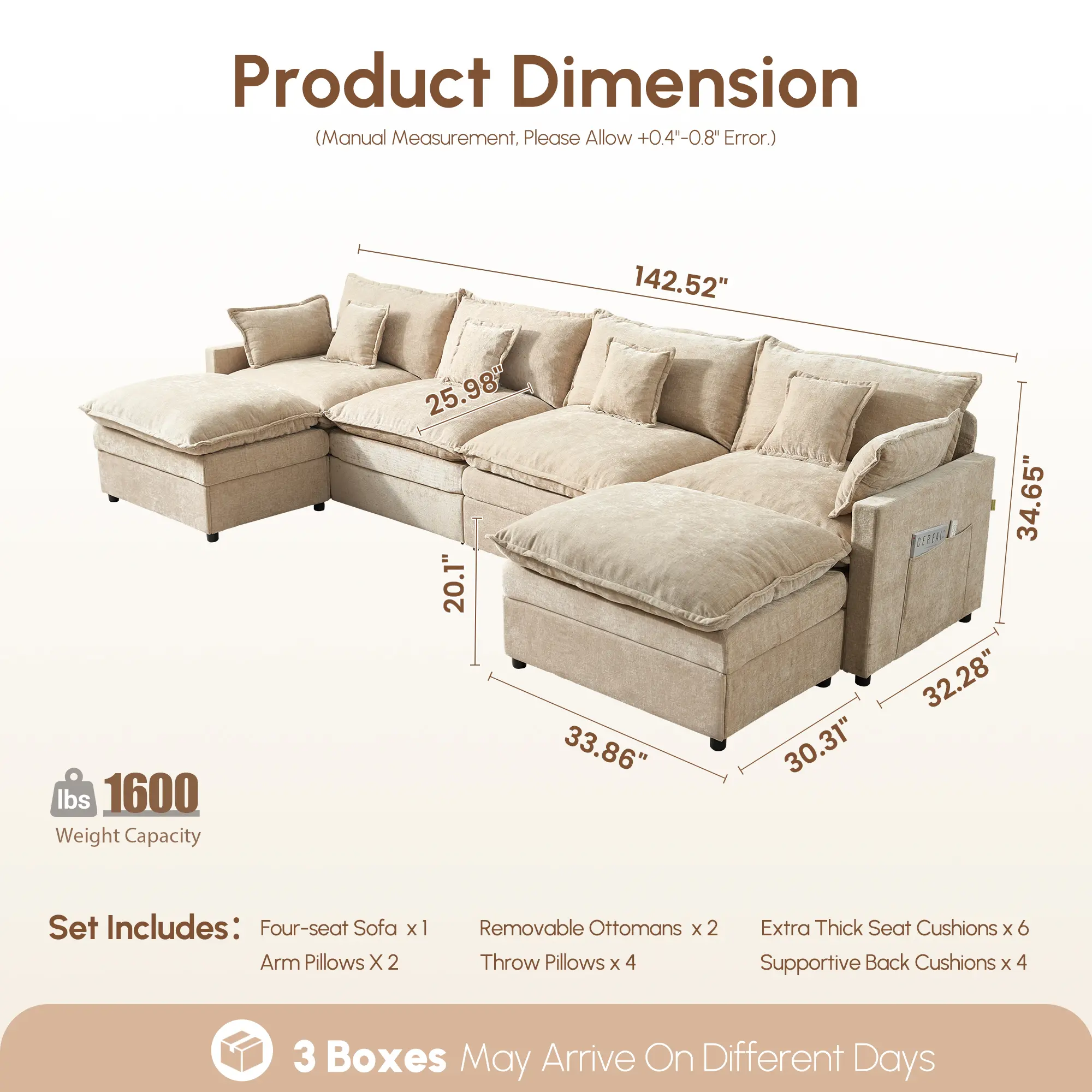 【2 Packages Shipping】OVIOS 108" U-Shaped Modern Sofa Modular Sectional Cloud Couch with 2 Ottoman, Comfy Chenille Deep Seat Sofa Bed for Living Room, Bedroom and Apartment, 5 Pillows Included 【2 Packages Shipping】OVIOS 108" U-Shaped Modern Sofa Modular Sectional Cloud Couch with 2 Ottoman, Comfy Chenille Deep Seat Sofa Bed for Living Room, Bedroom and Apartment, 5 Pillows Included