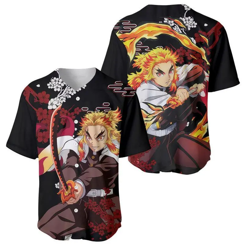 Unisex Demon Slayer Kyojuro Rengoku Fire Hashira Baseball Jersey, Kimetsu No Yaiba Anime Cosplay Professional Sports Top