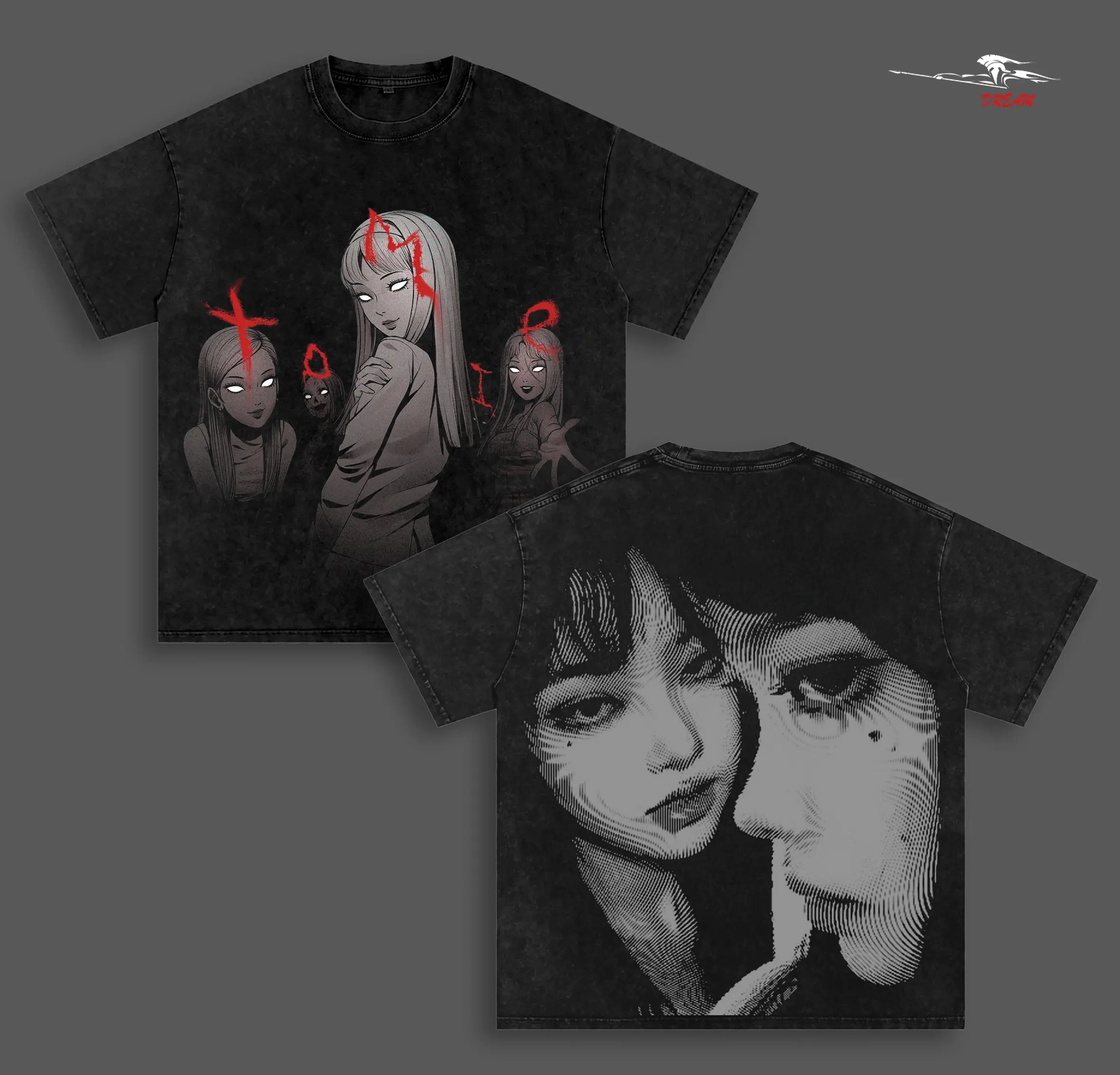 Junji Ito Uzumaki x Tomie Anime Double Printed Vintage Washed Tee Unisex Oversize Heavyweight Cotton T-shirt for Anime Fans and Lovers