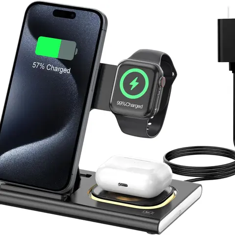 15W Wireless Fast Charger 3-in-1, Foldable, Magnetic Design, Compatible with iPhone 12/13/14/15/16/17, Apple Watch Series 11, Ultra 3, SE 3, and AirPods Pro 3rd generation. Also works with AirPods series wireless earbuds with Qi-enabled charging cases.
