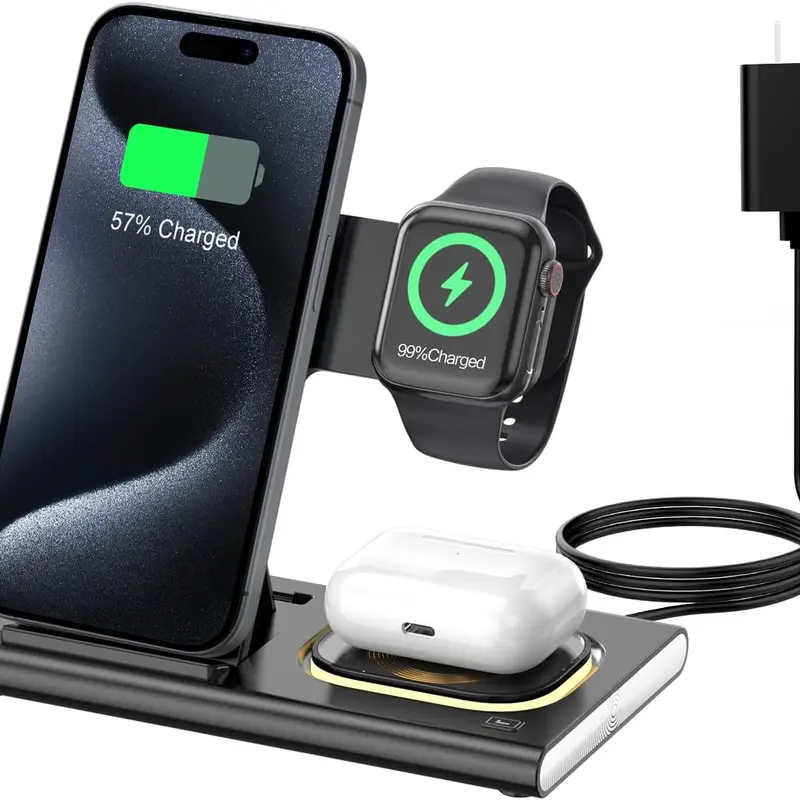 15W Wireless Fast Charger 3-in-1, Foldable, Magnetic Design, Compatible with iPhone 12/13/14/15/16/17, Apple Watch Series 11, Ultra 3, SE 3, and AirPods Pro 3rd generation. Also works with AirPods series wireless earbuds with Qi-enabled charging cases.