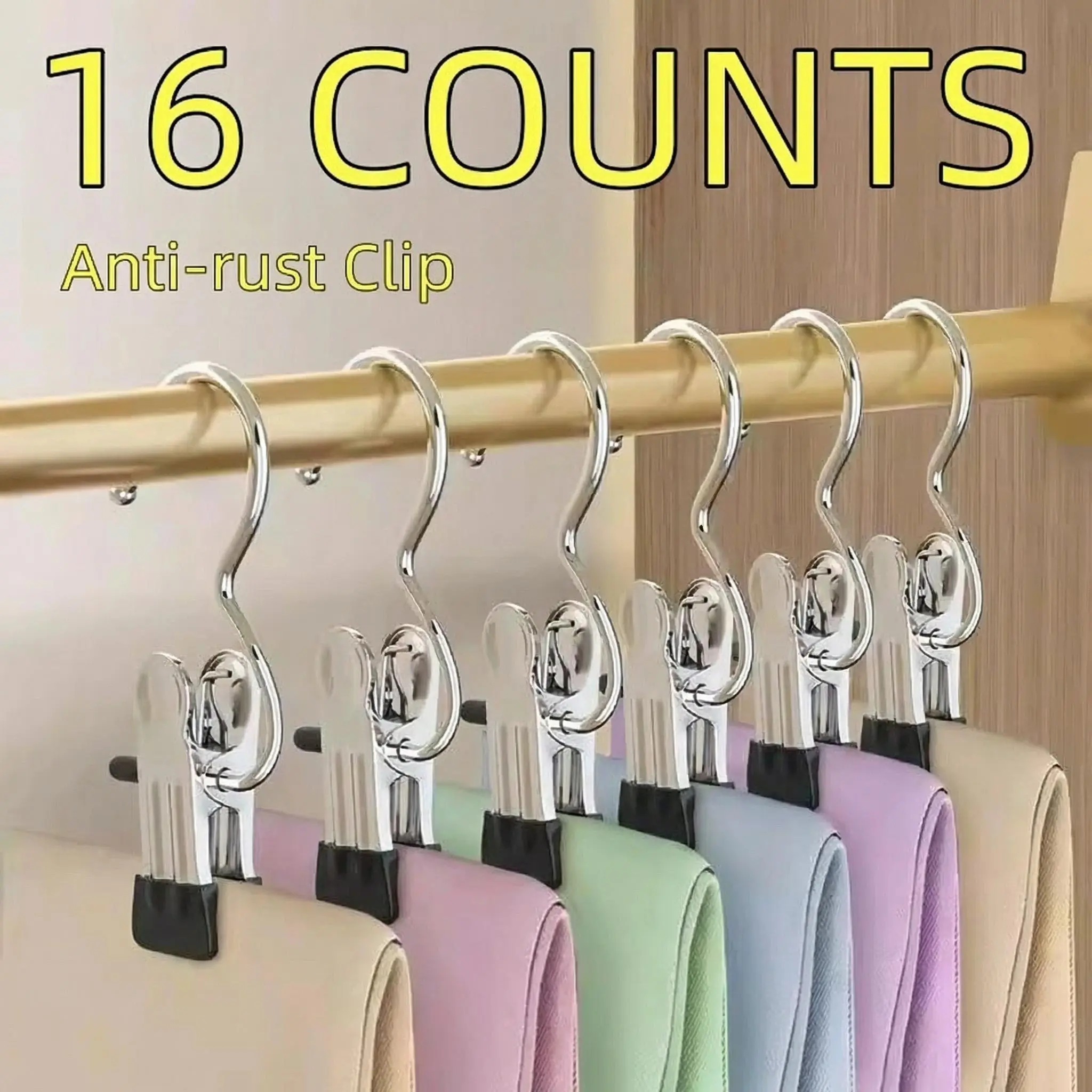 16-Pack Rust Resistant Hooked Clothes Clips - Clip Hangers for Pants, Garment Organizer, Non-Slip Home Closet Organizer, Anti Rust Clothespins, Hanging
