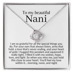 Nani Necklace Gift Love Knot Pendant Cubic Zirconia 14k White Gold Over Stainless Steel Adjustable Chain Grandparents Day Present for Nani from Granddaughter Grandson jewelry present Pendant Necklace