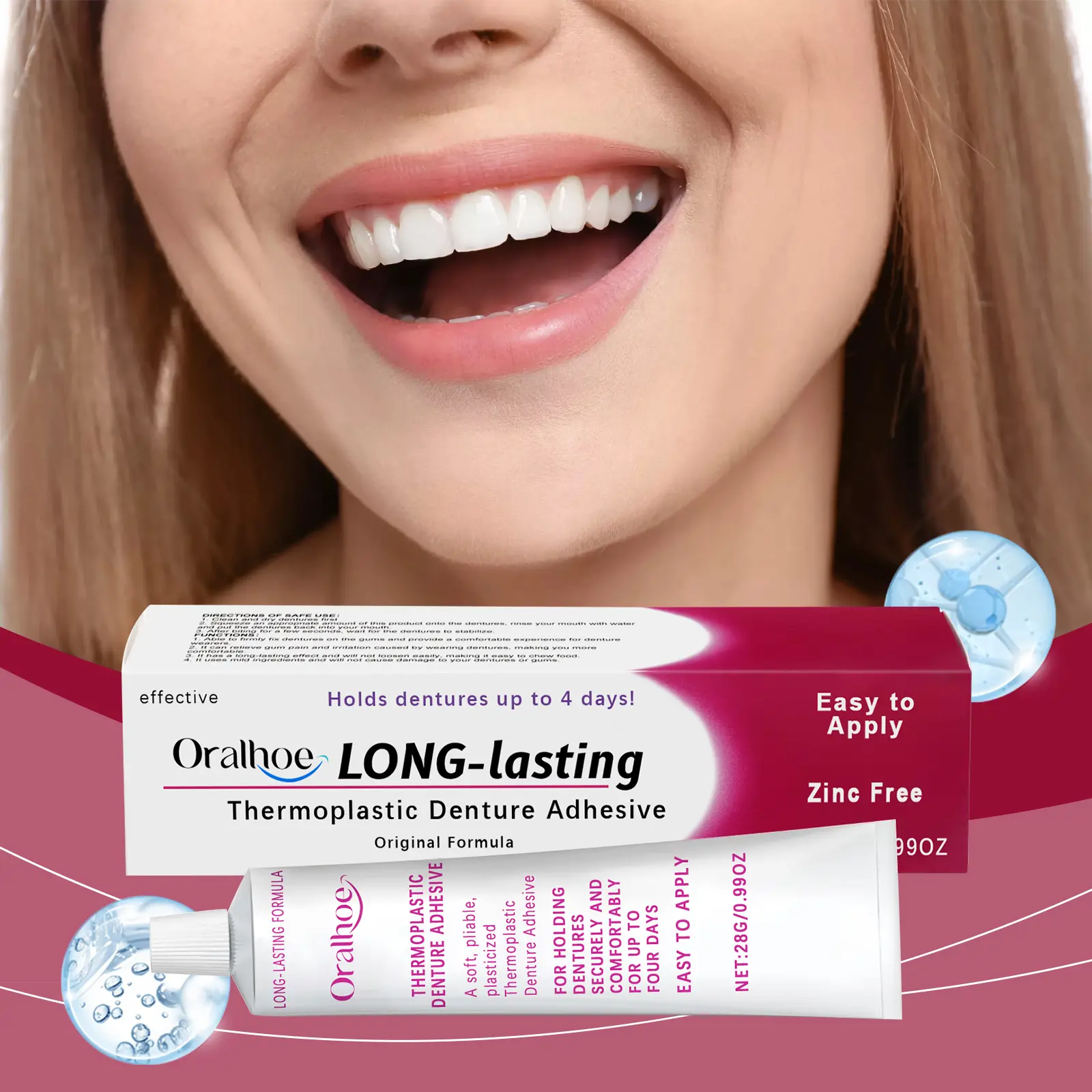 Zinc-Free Thermoplastic Denture Adhesive by Oralhoe, Gentle Original Formula, Daily Secure Hold Up to 4 Days, Soft Pliable, Easy to Apply, for All Dentures (Nasal & Oral Care)
