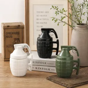 Creative grenade-shaped ceramic mug with a lid and pull ring, retro style, for boys, with a funny military theme coffee/water cup washable