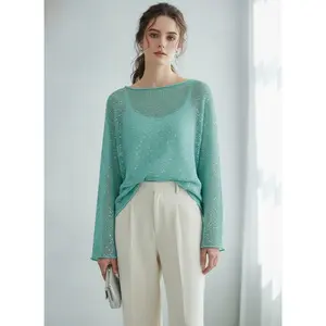 Women's Mint Green Sequin Sheer Knit Top | Long Sleeve Boat Neck Loose Fit Blouse for Summer & Layering