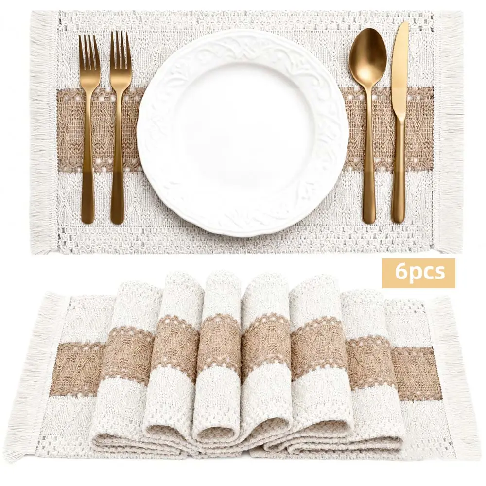 6-Piece Bohemian Cotton-Linen Square Placemats, Tassel-Woven Insulated Tableware, Vintage Farm-Style Mats for Dining Tables & Kitchens
