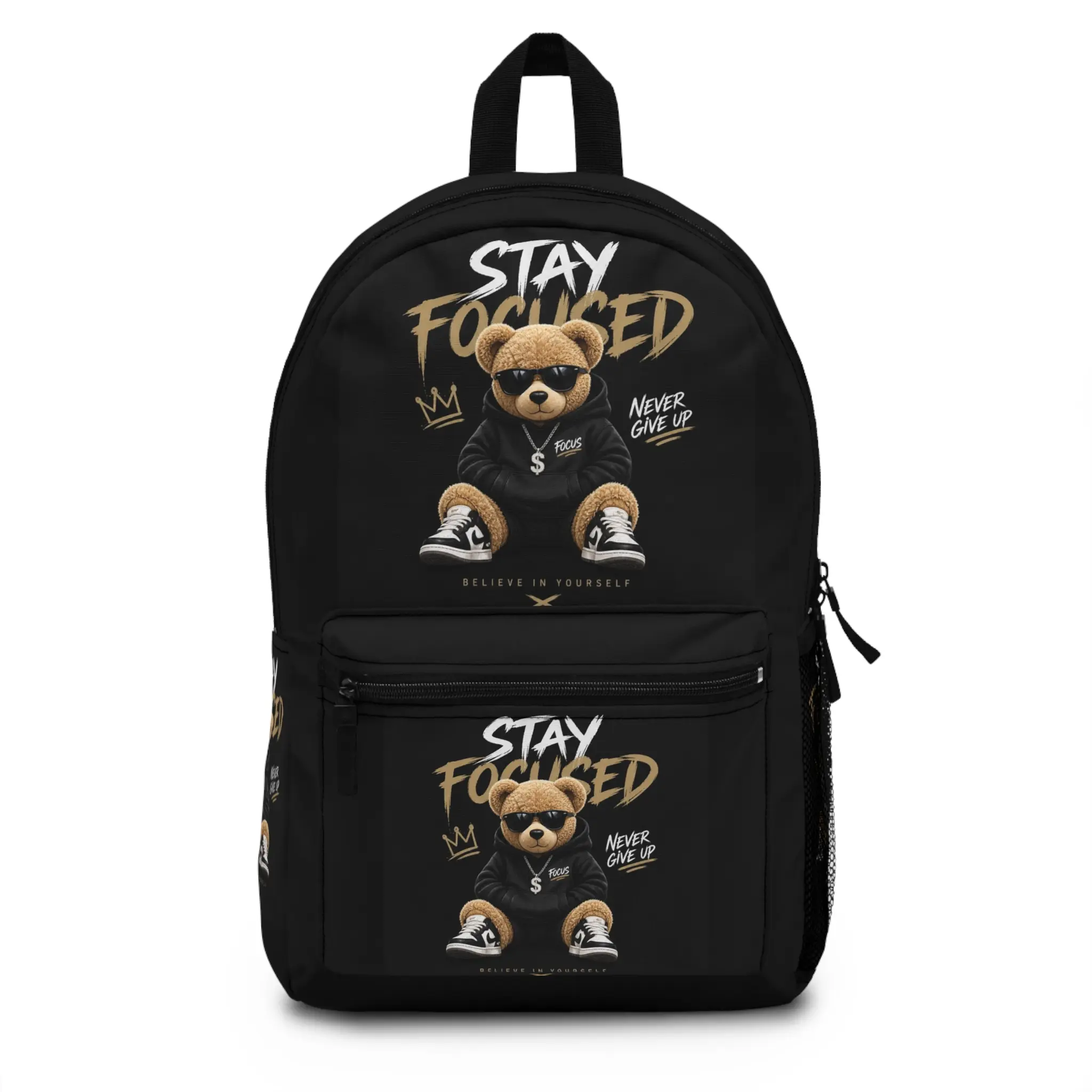 Stay Focused Teddy Backpack — Motivational Bear School Bag