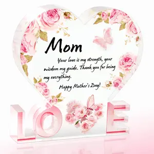 Floral Pattern Acrylic Heart Shaped Ornament, Creative Love Letter Design Desktop Decoration, Mother's Day Gift for Mom, Birthday Gift