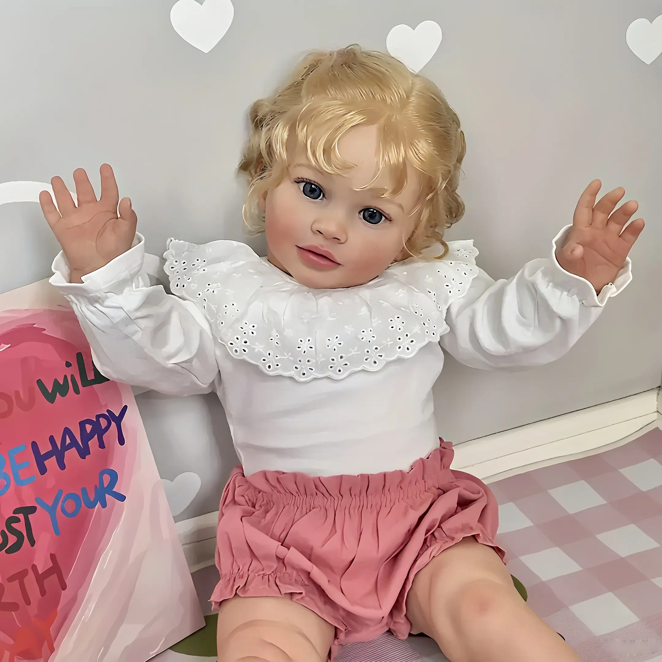 Reborn Baby Doll 26in Unisex Soft Cloth Acrylic Eyes Hand-Implanted Gold Hair Lifelike Newborn Toy for Kids Soft Cuddly Gift
